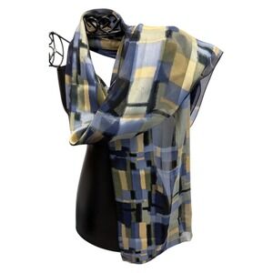 Womens Blue Yellow Geometric Pattern Lightweight Scarf Wrap 59x13